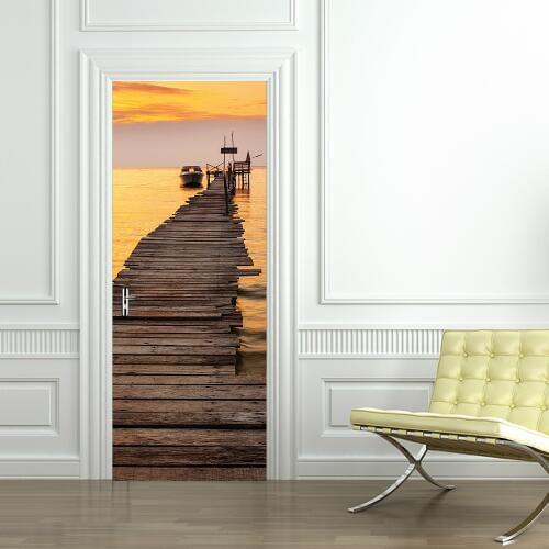 Seaside Sunset Wharf Door Decoration Stickers Self Adhesive DIY Wood Steel Door Renovation Wallpapers Waterproof Door Mural New