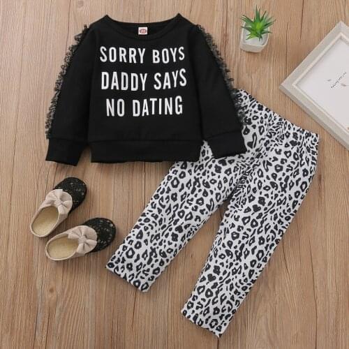 Little Girl’s Long-sleeved Trousers Suit Unique Letter Print T-shirt and Personality Leopard Long Pants