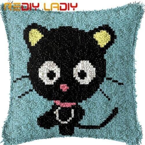 Latch Hook Cushion Black Cat Pre-Printed Canvas Cushion Cover Acrylic Yarn Crocheted Pillow Case Kits Hobby & Crafts Home Decor