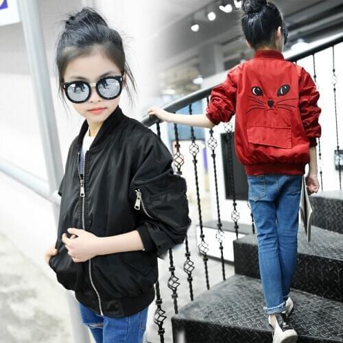 Children Bomber Jacket for Girls Autumn Cartoon Cat Kids Outerwear Windbreaker Coats School Girls Clothes 6 8 10 12 Year