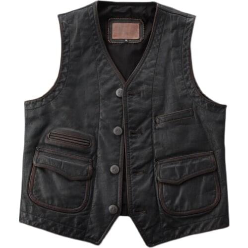 Mens Genuine Leather Vest Dark Brown Vintage Western Cowboy Waistcoat Motorcycle Biker Sleeveless Leather Jackets