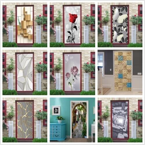 2pcs/set Flower Door Stickers DIY 3D Mural For Living Room Bedroom Home Decor Posters PVC Self Adhesive Waterproof Art Decals
