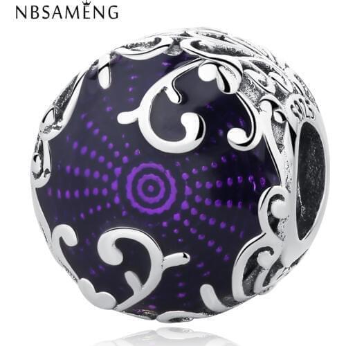 NBSAMENG S925 Sterling Silver Bead Purple Enamel Regal Beauty Charm Beads Fit Original European Bracelets DIY Jewelry