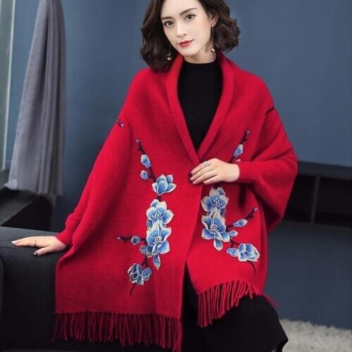 Faux Mink Velvet Autumn And Winter New Embroidered Shawl Coat Cape Cheongsam With Thick Warm Mid-length Cape Cardigan