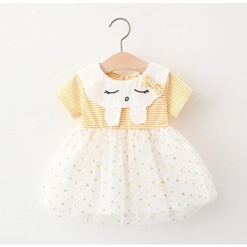 New Girls Dress Summer Baby Dress Cute Cartoon Rabbit Striped Short Sleeve Patchwork Mesh Tutu Princess Dress Baby Clothes 0-3Y