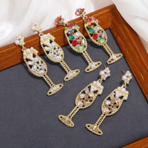DUTRIEUX New Personality Creative Metal Rhinestone Goblet Wine Glass Shape Earrings Female Popular Party Jewelry Accessories