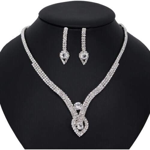 Romantic Heart Pattern Rhinestone Earrings Necklace Set Silver Color Chain Jewelry Set Wedding Jewelry Valentines Gift Dropship