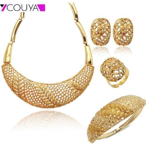 Luxurious Bridal Jewelry Sets Gold Color Shiny Hollow Moon Necklace Rings(Size 8) and Bracelet Fashion for Women Ladies Wedding