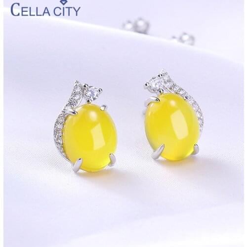 Cellacity Oval Natural Chalcedony Ear Studs Sterling Silver 925 Jewelry 8*10mm Green Yellow Gemstones Earrings for Women Banquet
