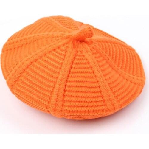 French Style Knit Pumpkin Beret Beanie Hat Girls Boys Crochet Striped Party Hat for Kids 2-8years