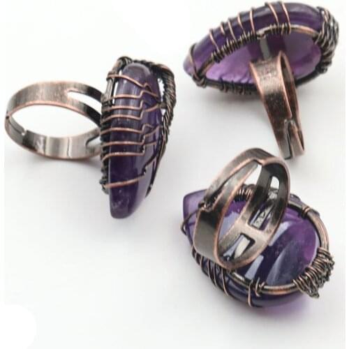 YJXP Resizable Wire Winding Finger Rings for Women Men Water Drop Shaped Natural Rose Quartzs Stones Reiki Tree of Life Jewelry