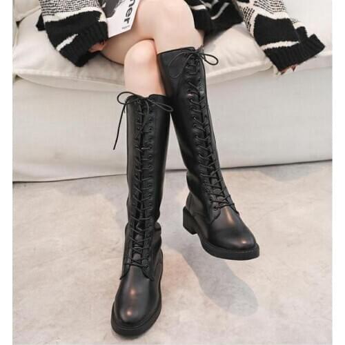 Womens Long Tube Boots British Style Lace Up Knight Boots Flat Bottomed Fashion Female High Boots