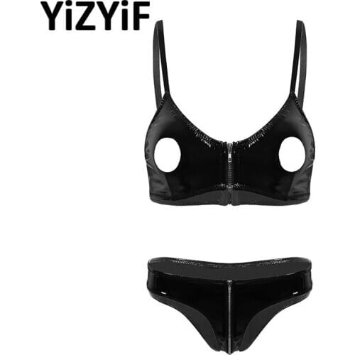 Women Wet Look Patent Leather Sexy Lingerie Set Erotic Underwear Set Hollow Out Nipple Bra Zippered Crotch Panties Nightwear