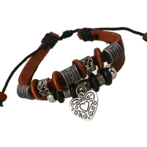 Vintage Heart Women Bracelet Fashion Retro Beads Charm Leather Bangle Wrap Adjustable Wristbands Punk Jewelry Friendship Gift