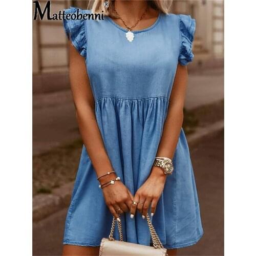 2021 Spring Casual Women O-Neck Lotus Leaf Short Sleeve Denim A Line Dress Folds Casual Fashion Retro Streetwear Denim Dress