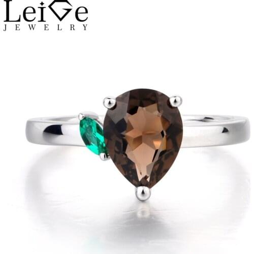 Leige Jewelry Natural Smoky Quartz Ring Party Ring Pear Cut Brown Gemstone Solid 925 Sterling Silver Romantic Gifts for Women