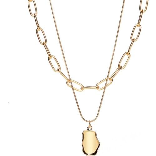 Retro Exaggerated Oval Pendant Necklace for Women Double Layer Link Chain Necklaces Accessories Goth Party Neck Jewelry Gift