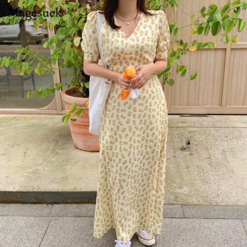 Sweet 2021 Korea Summer Women Dress Printed V-neck Mid-length Dress for Women Floral Puff Sleeve Yellow Dress Vestido Robe 15445