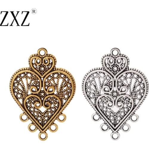 ZXZ 10pcs Tibetan Silver/Gold Tone Filigree Heart Earring Chandelier Connector Charms Pendants Jewelry Findings