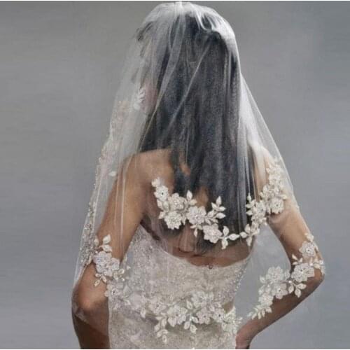 2 Tier Double Layer Womens Elbow Length Wedding Veil Silver Thread Faux Pearl Embroidered Floral Lace Trim Bridal Veil With Comb