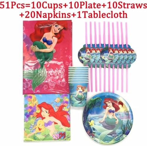 21/31/41/51Pcs Disney Mermaid Girls Birthday Party Decorations Disposable Tableware Peper Cup Plate Baby Shower Gift Supplies