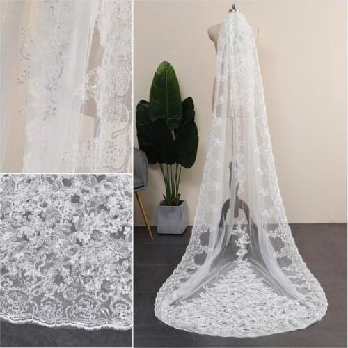 Flower Lace Eage Wedding Veil Flowy ,Soft 1 Tier Drop Bridal Veil ,Royal lace Veil,Sequin wedding veil with blusher