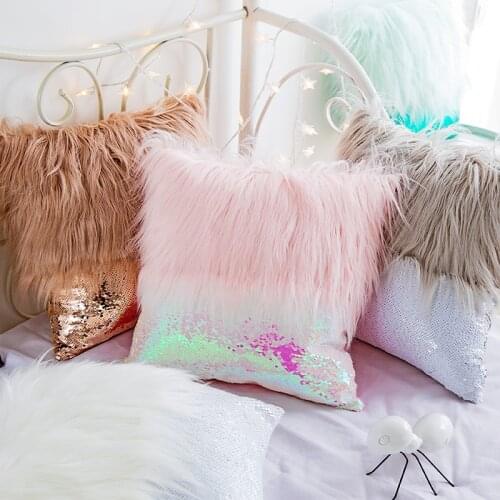 Decor Fur Cushion Cover Nordic Bling Sequins Embroidered Pillow Case Lovely Long Plush Patchwork Christmas Birthday Gift 43*43cm