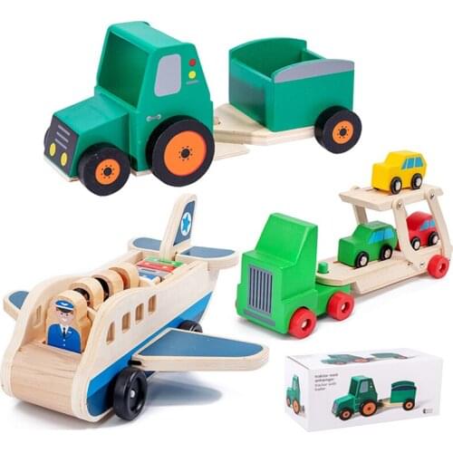 Kids Wooden Car Airplane Model Toys Simulation Truck Transport Toy Aircraft Cart Model Children Toy Car Building Blocks Toy Gift