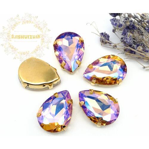 Best-selling yellow AB color Water drop Crystal Glass Sew-on Rhinestones with gold Claw DIY wedding Dresses and Clothes
