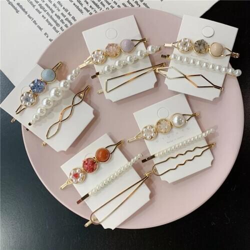 2020 Korea Pearl Gravel Hairclips Set Clip Sweet Bead Flower Hairpins For Women Girl Trendy Geometric Hair Barrettes Accessories