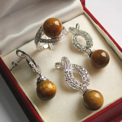 Hot! high qulity new jewelry silver plated 12mm tiger eye stone pendant, earring, , ring set