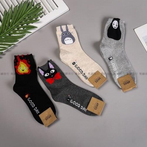 Miyazaki Hayao Socks Women Totoro Woman Sock Calcifer Print Jiji Cartoon No Face Man Ladies Autumn Winter Lady Calcetines Hombre
