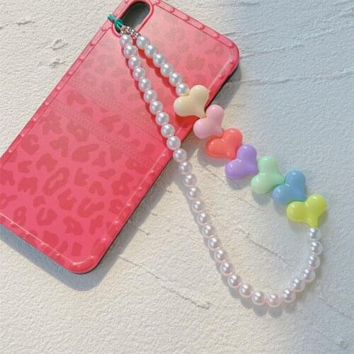 2021 New Mobile Phone Strap Lanyard Colorful Love Heart Imitation Pearls Soft Rope for Cell Phone Chains Hanging Cord for Women