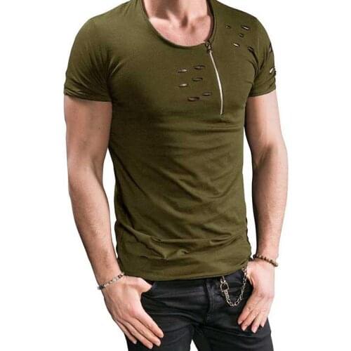 Casual Short Sleeve T-Shirt Men Clothes Ripped Mens T Shirt Slim Fit Muscle O-Neck Top Tee New Fashion Summer Hole