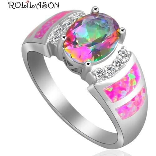 ROLILASON lovely Delicate design Pink fire Opal multicolor zircon Silver Rings Lady fashion jewelry USA size #6 #7 #8 #9 OR658