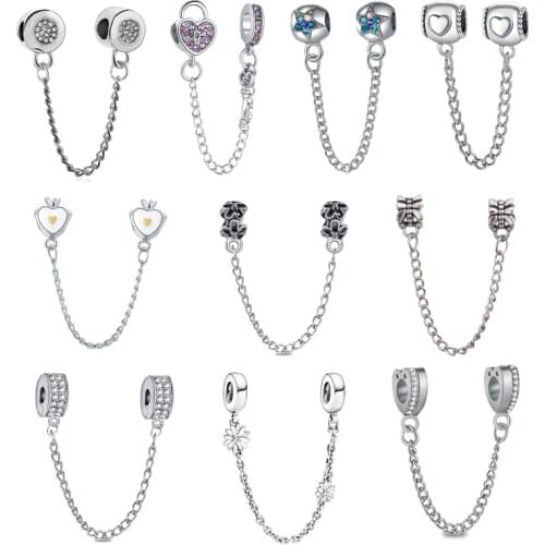 Silver Color Sparkling Clear Sparkle Flower Safety Chain Charm Bead Fit Original Pandora Bracelet Pendant DIY Jewelry For Women