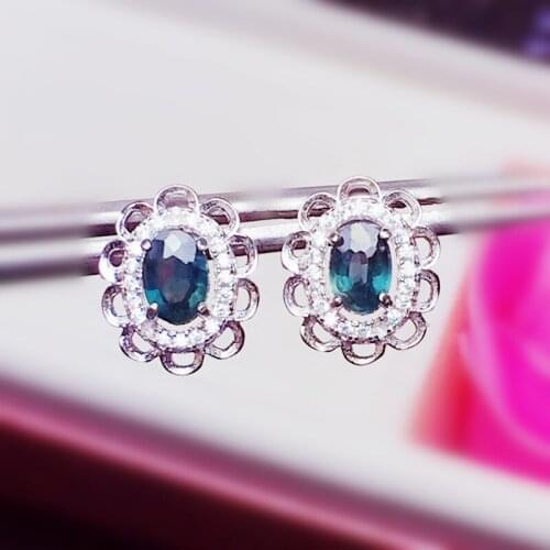 Natural real dark sapphire stud earring Per jewelry 4*6mm 0.6ct*2pcs gemstone 925 sterling silver Fine jewelry X21770