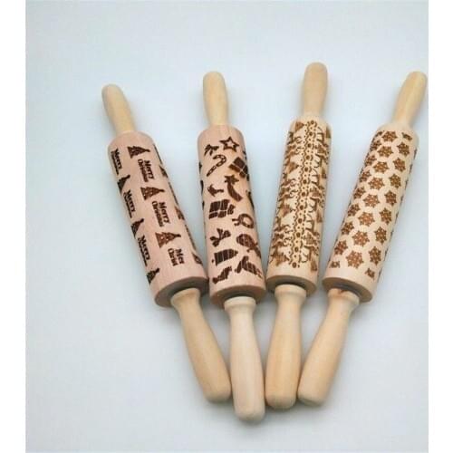 Christmas Baking Tools Tree Snowflak Gift Embossing Rolling Pin Wooden Reuseble Engraved Pattern Rolling Pins Pastry Dough 3