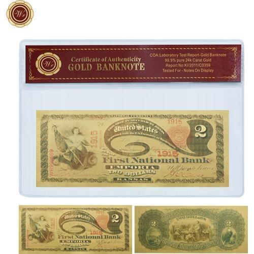WR American 1875 Year 24k Gold Banknote Business Souvenir Gifts 2 Dollar Fake Money Luxury Home Decor Art Ornament with COA