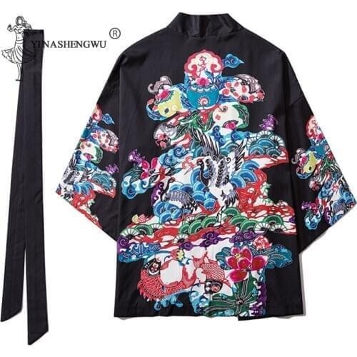 Japanese Fashion Clothes Crane Carp Crane Carp Three-quarter Sleeves Open Lining Belt Robe Yukata Men and Women Kimono Black