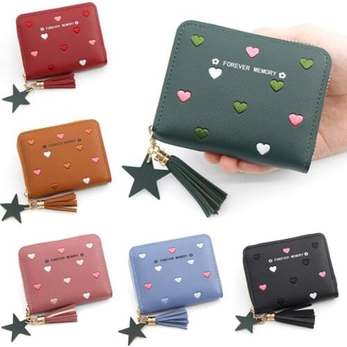 Womens Purse Leather Heart Embroidery Short Wallet Ladies Tassels Star Pendant Money Bag Girl Small Wallets Money Clip 2021 New