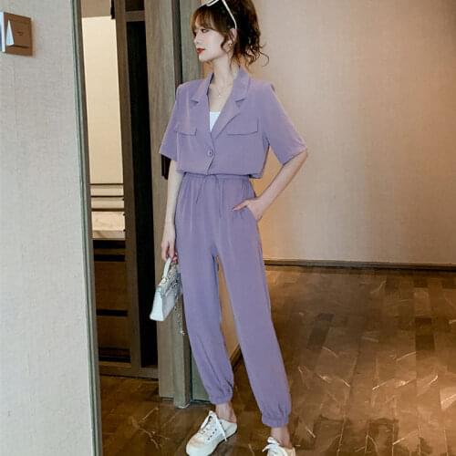 2021 New Spring Summer Women Korean Fashion Purple Short Sleeve Tops + High Waisted Harlan Pants Suits 2 Piece Sets X32