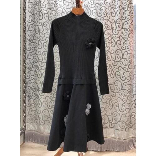 High Quality New 2019 Winter Dress Women Appliques Flowers Wool Knitted Patchwork Long Sleeve Grey Black Warm Sweater Dress
