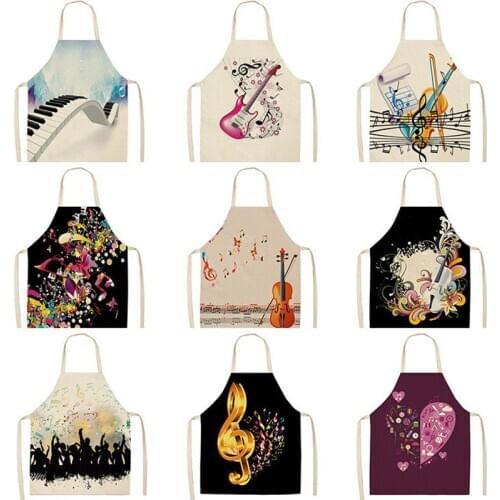 1Pcs Musical Note Pattern Kitchen Aprons for Woman and Man Dinner Party Cooking Cotton Linen Bibs Cleaning Tools WQTF23