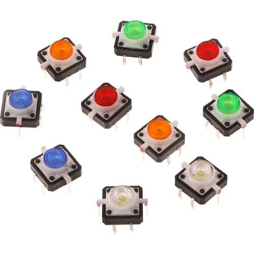 10 Pcs LED Light Momentary Tactile Tact Push Button Switch 12x12x7.3mm 5 Colors