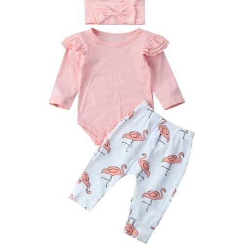 Cute Newborn Infant Baby Girl Boys Clothes Romper Flying Sleeve Tops + Long Pants Flamingo Headband 3PCS Clothes Set Outfits