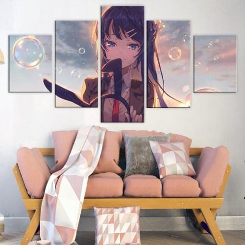 5 Piece HD Anime Girl Picture Rascal Does Not Dream of Bunny Girl Senpai Sakurajima Mai Comic Wall Picture Girls Bedroom Decor
