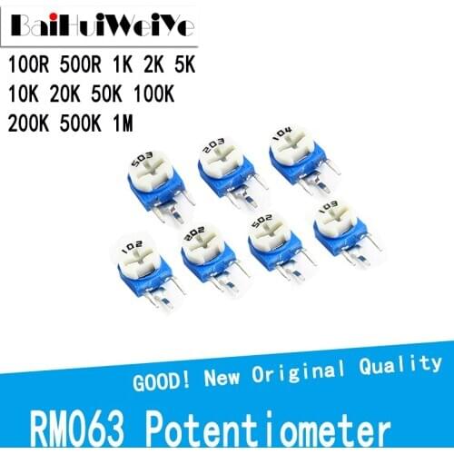 50PCS/LOT RM063 RM-063 100 200 500 1K 2K 5K 10K 20K 50K 100K 200K 500K 1M ohm Trimpot Trimmer Potentiometer variable resistor