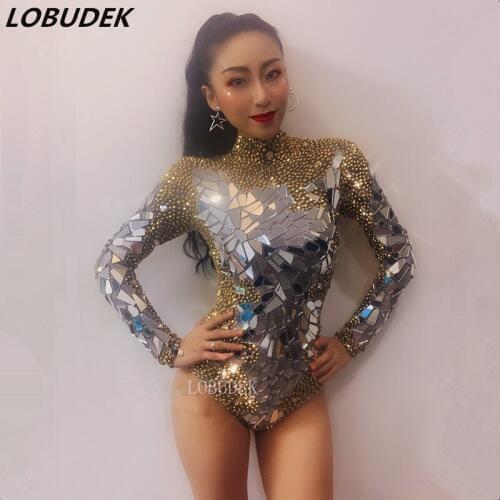 Gold Rhinestones Shiny Silver Mirror Bodysuit Nightclub Dance Costume Bar Sexy DJ Lady Singer Stage Wear Elastic Crystal Leotard
