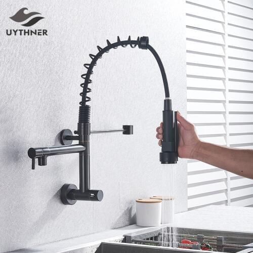Black/Chrome Brass Kitchen Faucet Single Cold Water Vessel Sink Tap Spring Dual Swivel Spouts Bathroom Faucets Wall Mounted tap